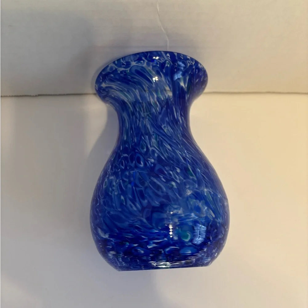 Cobalt Blue Vase White Swirl Art Glass Heavy Glass 5.5” Smooth Bottom Home Decor